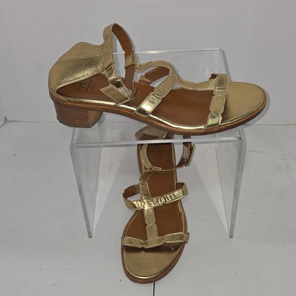 Aquatalia Gold Metallic Leather Strappy Block Heel Sandals Size 10 Made in Italy